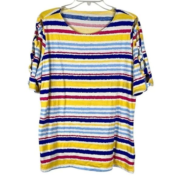 Kim Rogers Tops - Kim Rogers Stripped Short Cutout Sleeve Tee Shirt XL